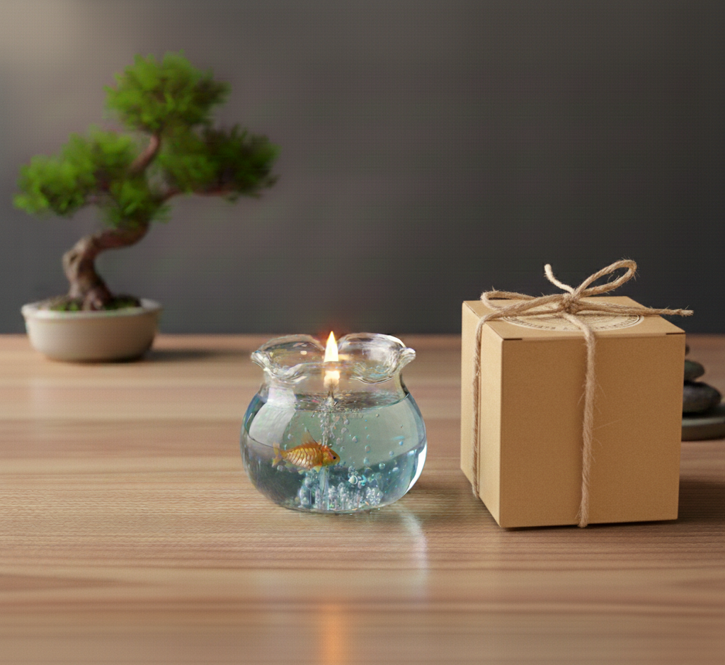 A Signature Wick Co goldfish aquarium candle lit next to a brown Kraft gift box and a bonsai tree on a wooden table.