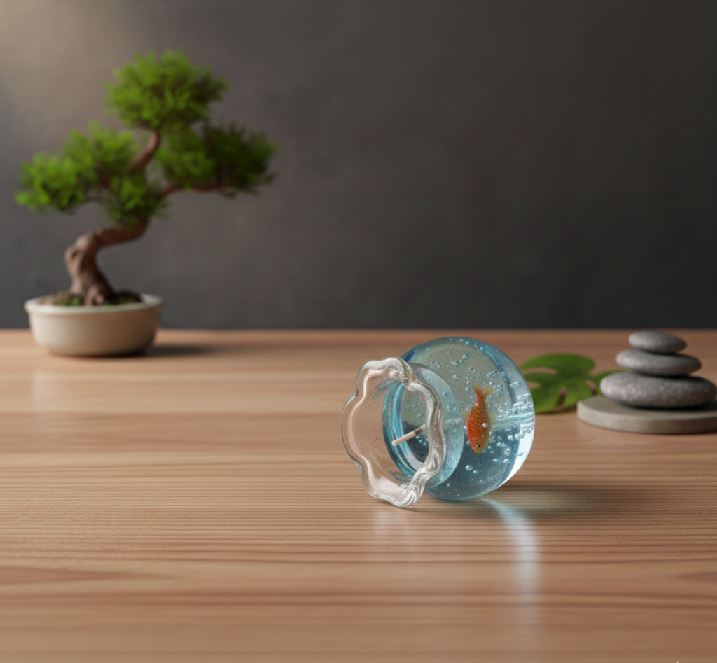 Clear gel wax candle from signature wick co with a realistic miniature goldfish and bubbles, styled with zen stones and a green leaf for home office decor.