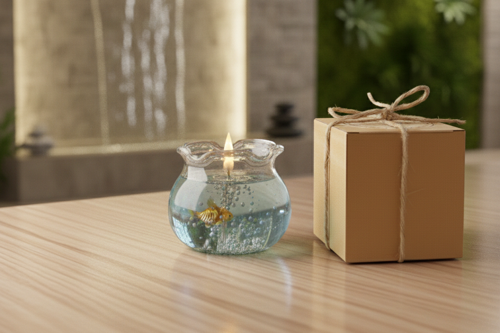 A lit Signature Wick Co goldfish aquarium gel candle next to a premium gift box in a zen home setting with a waterfall