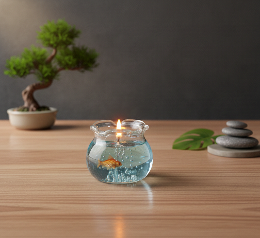 A pair of handmade fishbowl gel candles from Signature Wick Co with realistic goldfish and shells inside, sitting on a white desk next to a starfish.