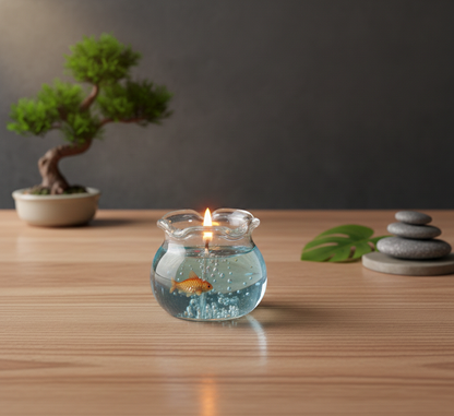 A pair of handmade fishbowl gel candles from Signature Wick Co with realistic goldfish and shells inside, sitting on a white desk next to a starfish.