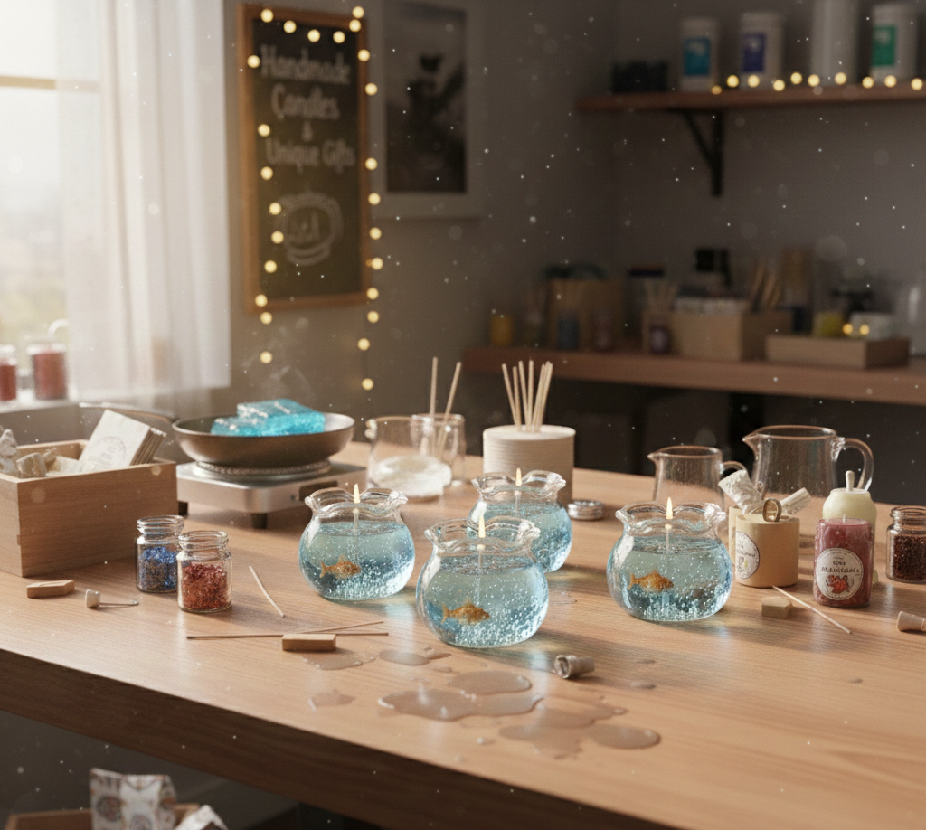 Artisan workbench with hand-poured goldfish gel candles and candle making tools at Signature Wick Co