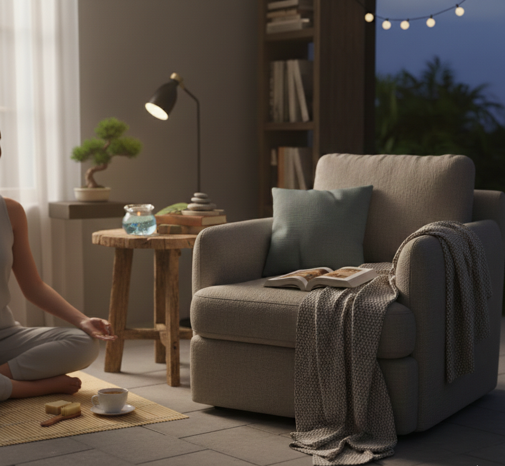 An artisan gel candle safely placed on a wooden side table in a zen meditation room with a person practicing yoga and soft ambient lighting